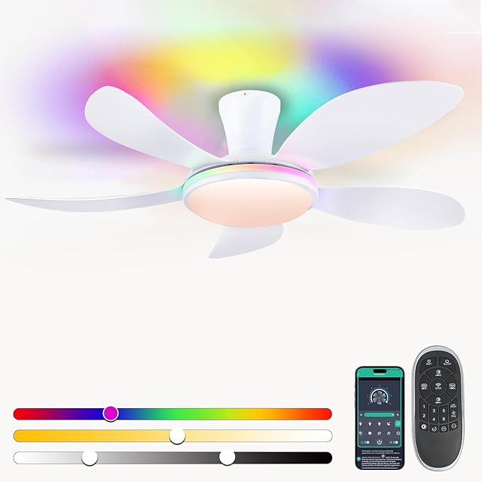 PHORUS RGB Ceiling Fans with Lights and Remote/APP,48" White Low Profile Ceiling Fans with Quiet Reversible DC Motor, Modern Flush Mount Fans Light with 3 Colors 6 Speeds