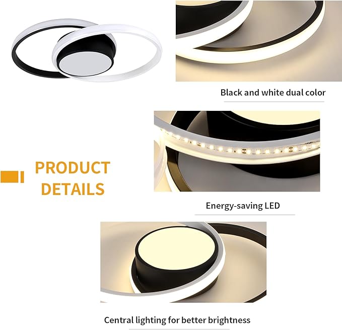 AUA Modern Ceiling Light, 39W LED Flush Mount Ceiling Light Fixture, 15.7" 3000K Round Close to Ceiling Lighting for Bedroom Hallway Dining Room Kitchen Entryway Black and White