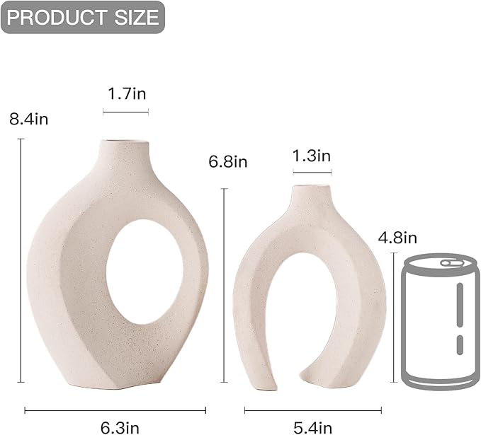 Ceramic Vases for Home Decor Set of 2, Off White Boho Small Flower Vase, Minimalist Decorative Modern Donut Vase for Living Dining Room Office Entryway Book Shelf Coffee Console Table Décor