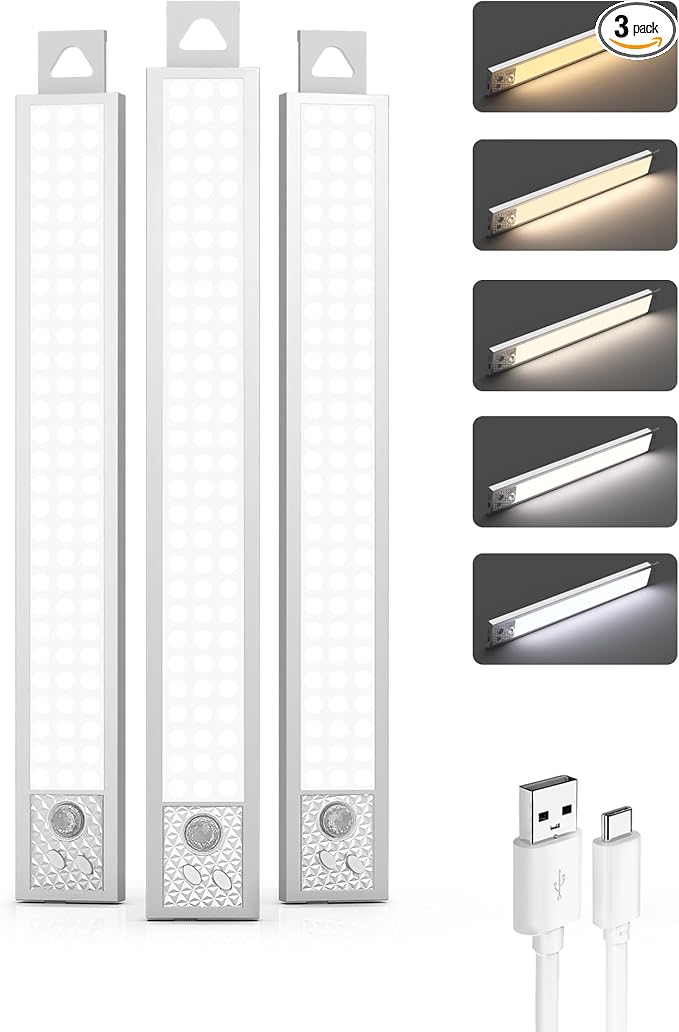 12 Inch Under Cabinet Lighting, 3Pack 5CCT Dimmable Closet Lights, Motion Sensor LED Lights of Battery Operated, Rechargeable Under Counter Light for Kitchen, Stairs, Bedroom, Wardrobe