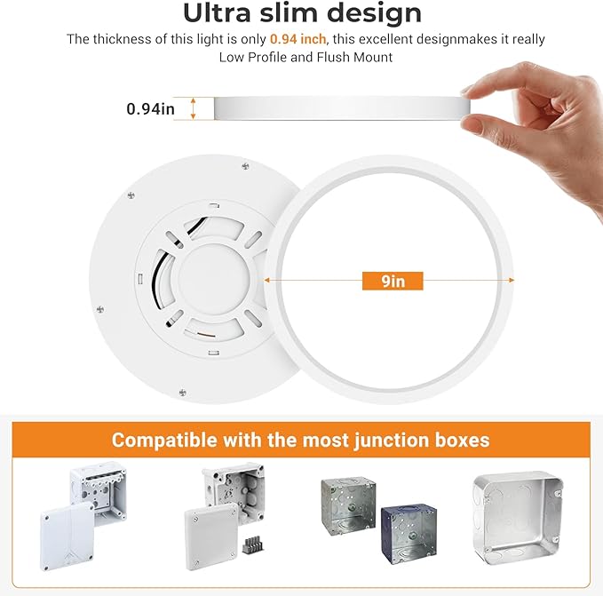 slochi 6 Pack LED Flush Mount Ceiling Light Fixture, 9 Inch Light Fixture, 3000K-4000K-6500K Round Flat Bedroom Lights, Closet Round Surface for Bathroom Laundry Bedroom Hallway