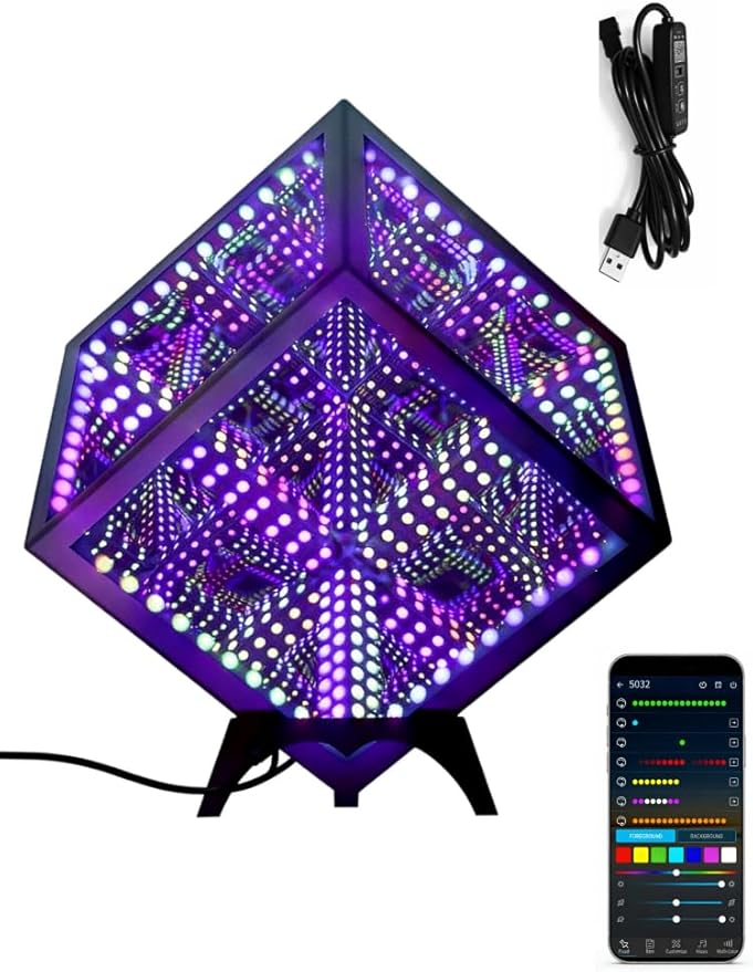 Infinity Hyper Cube LED Table Lamp - Infinity Mirror Light with 100+ Patterns, Music Sync, App Control, Infinite Cube Night Lights for Gaming,Party,Living Room,Bedroom Light Display and More(5Inches)