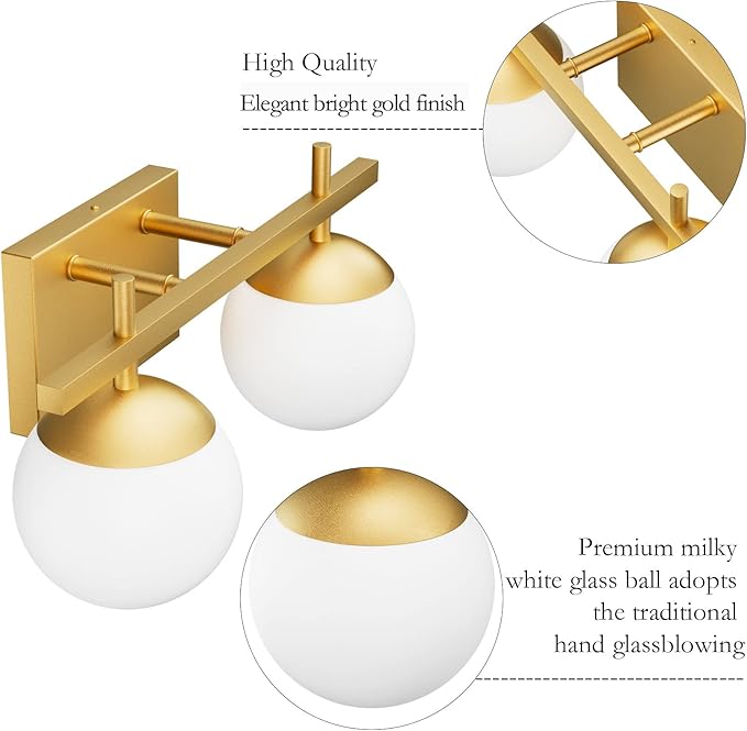 Ralbay 2-Light Gold Vanity Light Mid Century Modern Bathroom Vanity Light Fixture Milky Glass Globe Bathroom Wall Light Fixtures Gold 2 Light