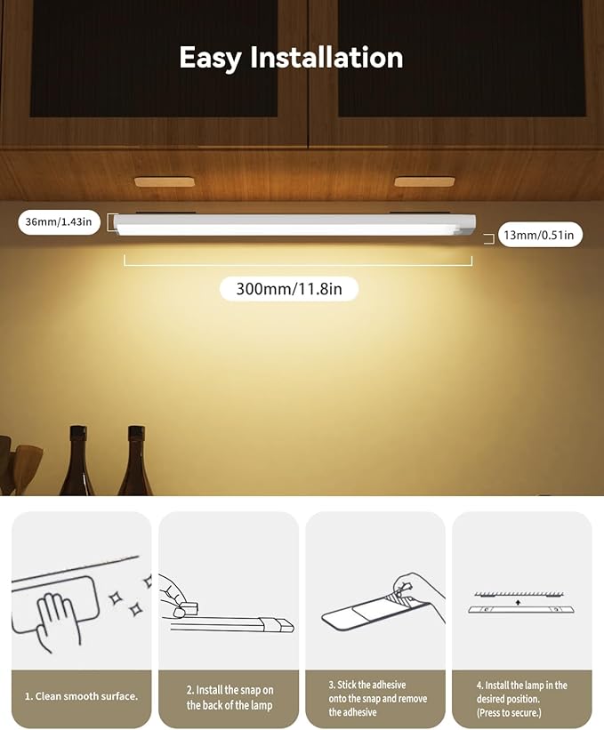 6 Packs Under Cabinet Lighting with Charging Station 12 Inches, Rechargeable Motion Sensor Light Indoor, 3 Color Dimmable Closet Light, USB Led Stick on Under Counter Lights for Kitchen Shelf