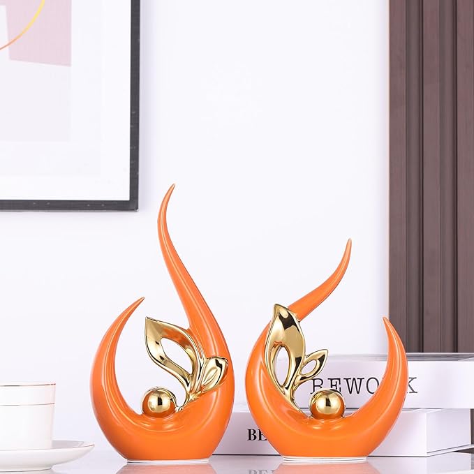 XMGZQ Burnt Orange Gold Ceramic Statues for Home Décor Accents,Abstract Art Mid Century Modern Decor,Elegante Centerpiece Table Decorations,Sculpture for Entryway,Shelf,Tv Stand,Mantel,Coffee Table