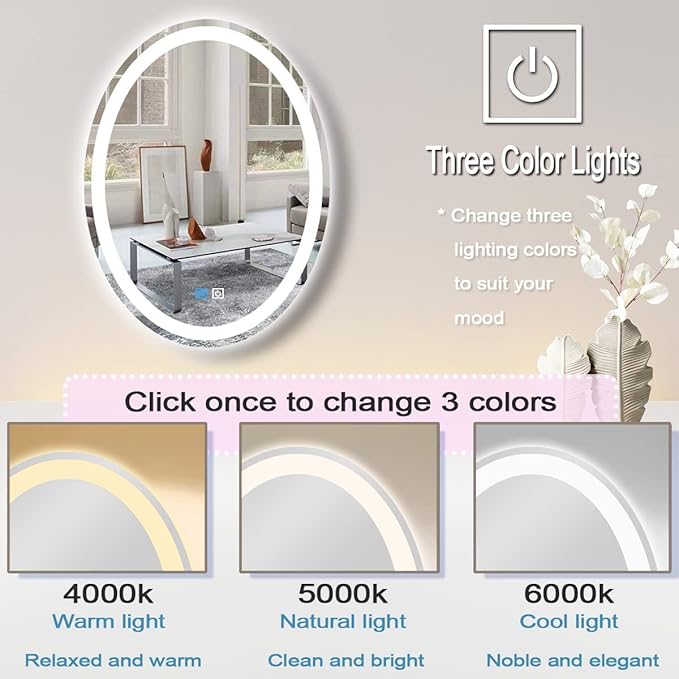 30 x 20 Inch Oval Vanity Mirror with Lights 3 Color Dimmable Memory Front Back Lights Oval LED Lighted Mirror for Bathroom Makeup Wall Mounted 30" Ovals Smart Light up Mirrors Anti Fog Modern