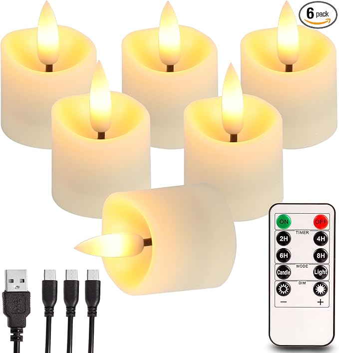Rechargeable Flameless Tea Light Candles with Timer Remote, 1.5"x2.2" Electric Fake Flickering Votive Candles for Aniversary Wedding Centerpiece Table Decor Funeral Halloween Christmas (6 Pack)