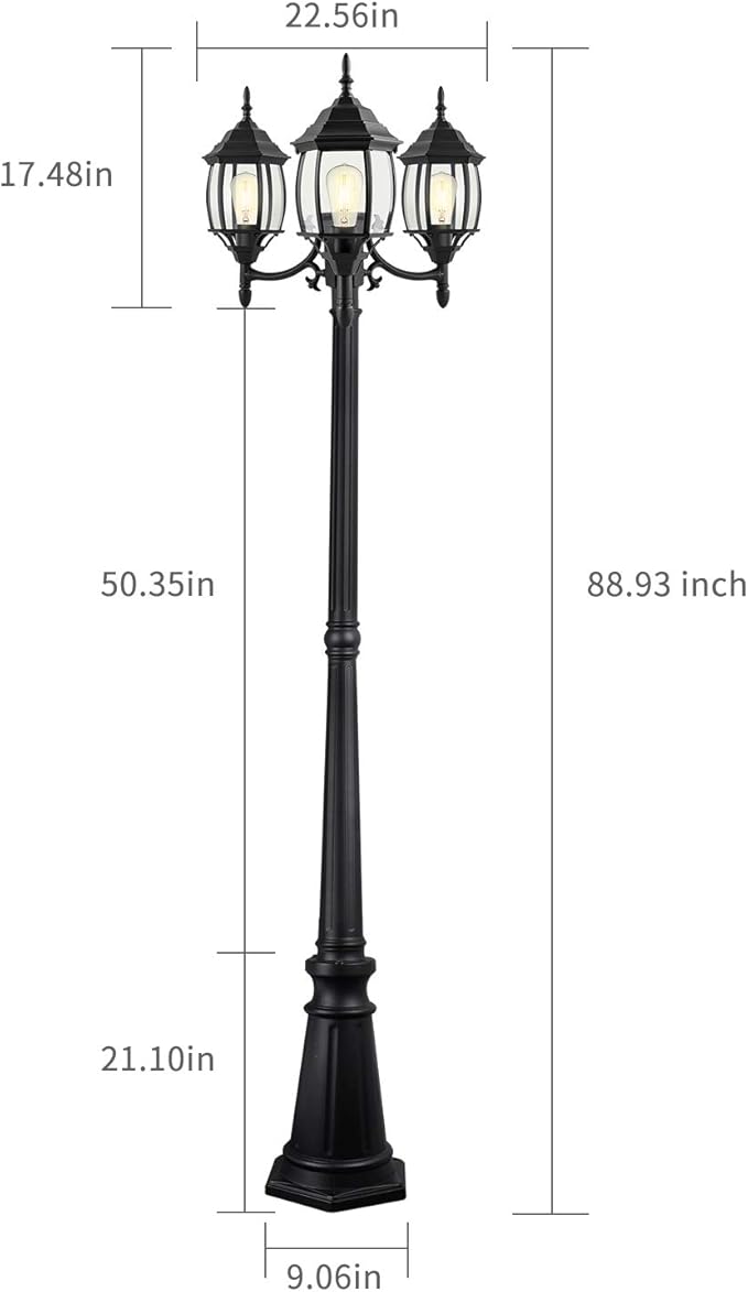 PARTPHONER Outdoor Lamp Post Light 3-Head, Classic Black with Clear Glass Panels, E26 Base Maximum 100W (3 LED Bulbs Included), Waterproof Street Light for Backyard, Garden, Driveway
