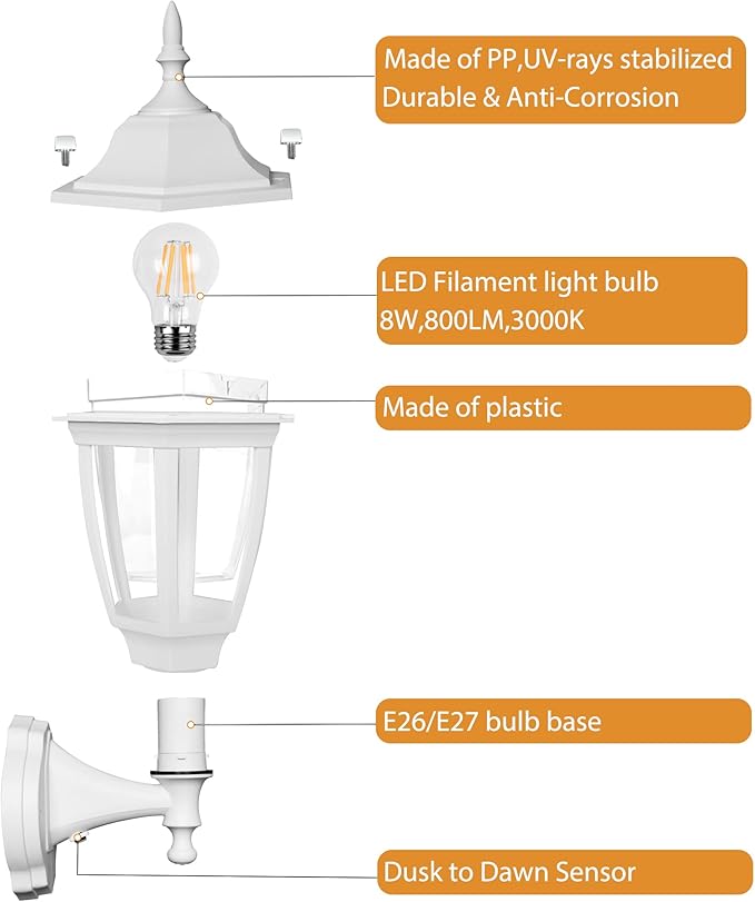 FUDESY Outdoor Wall Light Dusk to Dawn, Porch Sensor Light White Plastic Anti-Corrosion with LED Edison Filament Bulb, Exterior Mount Lantern for House, Garage (1-Pack), FDS2542PS-W