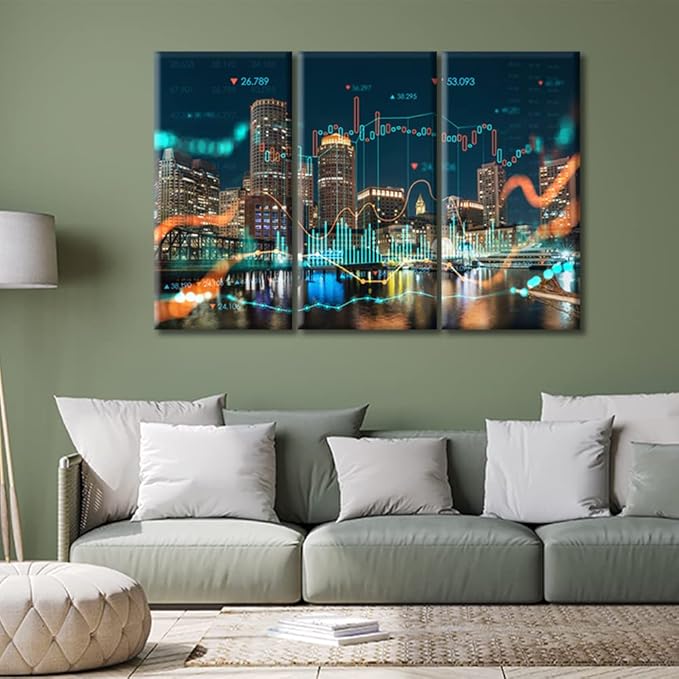 TUMOVO Boston Harbor and Seaport BLVD at Night Canvas Wall Art 3 Pieces Glowing Forex Hraph Hologram Painting Wall Decor for Bedroom Artwork Print on Canvas Framed Ready to Hang (60" Wx40 H)