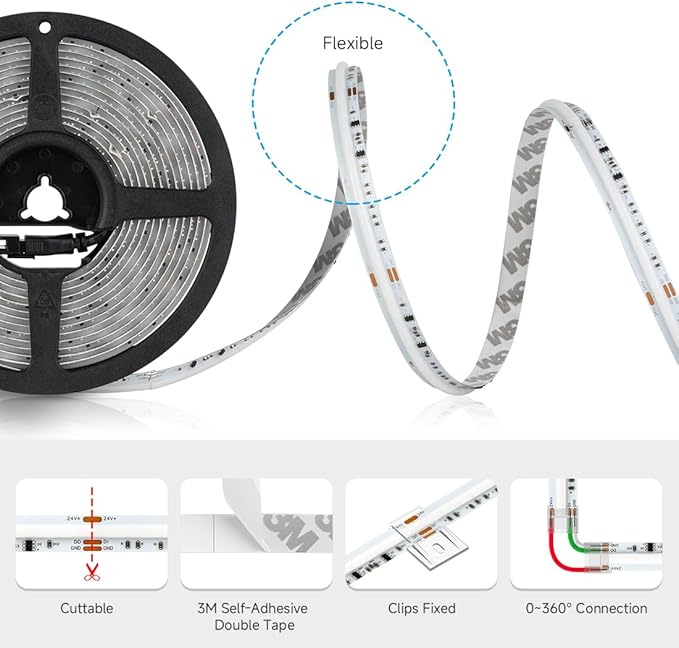 BTF-LIGHTING WS2811 Dual IC RGBCCT FCOB COB LED Strip,UL Listed High Density Chasing IC RGB Light+Tunable White 3000K-6000K,9.8FT 840LEDs/m,10mm Width IP66 DC24V 3M Tape(No Adapter or Controller)