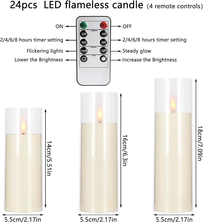 Flickering Flameless Candles Battery Operated with Remote and 2/4/6/8 H Timer Plexiglass LED Pillar Candles with Realistic Moving Wick for Home Decor Pack of 48 (D2.2 xH 5" 6" 7") (Ivory)