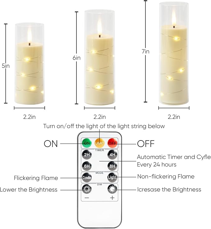 Homemory 12Pcs Flameless Candles with Star String Fairy Lights, Flickering Battery Operated Candles, LED Fake Candles with Remote and Timer, Christmas, Weddings, Home Decor, White