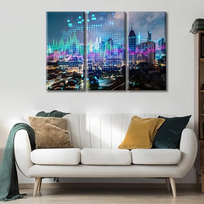 3 Panel Wall Art Stock Market on Display Paintings Modern Home Decor Stock Market Graph Hologram Night Panorama City View Pictures Wall Decor Living RoomArtwork Framed Ready to Hang (42"Wx28"H)