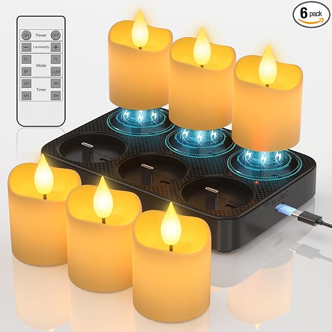 SoulBay Flameless Candles Rechargeable with Remote, 6pcs Electric LED Fake White Votive Candles with Charging Base and Timer, Flickering Decorative Lights for Home Table Holidays Christmas Décor