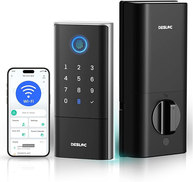 DESLOC Smart Lock K120 with GPT 3D Fingerprint, 15,000mAh Battery (Up to 13 Months), Keyless Entry Door Lock with Built-in WiFi, IP65 BHMA Grade 3 Deadbolt for Home, Rental & Airbnb, Black