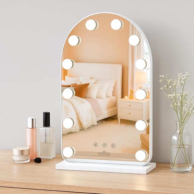 LUXFURNI Hollywood Mirror with Lights Makeup Mirror for Bedroom, Vanity Arched Mirror with 12 Dimmable Bulbs Smart Touch Control 3 Color Lighting Modes