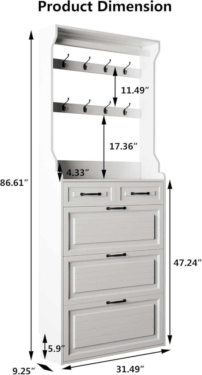Betoko Hall Tree with Shoes Storage,Farmhouse Entryway Coat Rack Wooden Mudroom Hallway Tree Bench Corner Tree Cabinet with 8 Coat Hooks and 3 Shoes Cabinets and 2 Drawers(White)