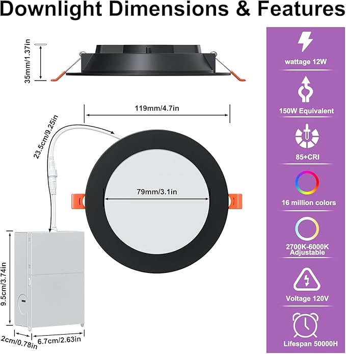 24Pack Smart Recessed Lighting 4 Inch RGBCW Color Changing 12W LED Downlight with Junction Box,1080 Lumen Recessed Ceiling Light Compatible with Alexa,Dimmable by Bluetooth Control