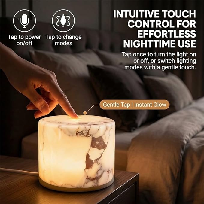 Marble Lamp Night Light Touch Bedside Table Lamp, Type C Rechargeable Natural Stone Accent Decor with 3 Way Dimmable Warm Glow, Cordless Ambient Lighting for Bedroom Living Room Desk Shelf Gift(#A)