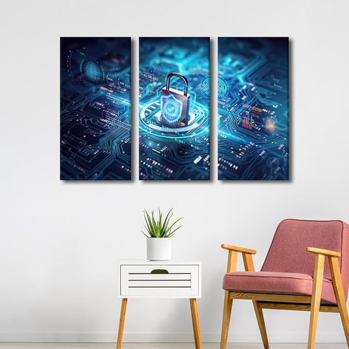 TUMOVO 3 Panels Canvas Print Art Motherboard Closeup and Safety Lock with Login and Connecting Verified Credentials Pictures Poster, Modern Art for Living Room Decoration Ready to Hang, 36" Wx24 H