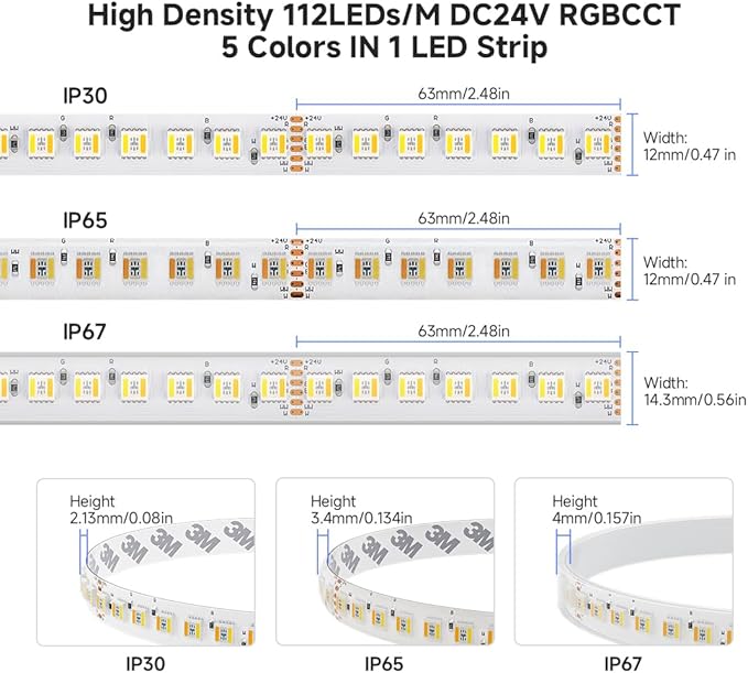 BTF-LIGHTING Highest Density RGBCCT 5 Colors in 1 LED 5050SMD RGB+ Tunable Color Temperature 2700K-6500K 16.4ft 112LEDs/m DC24V Multi-Colored IP67 14mm Width (No Adapter or Controller)
