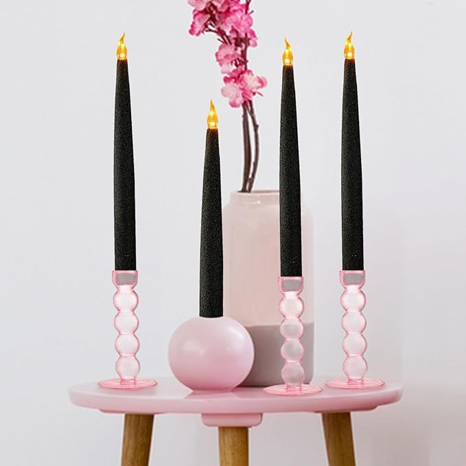 FURORA LIGHTING Black Glittery LED Taper Candles Pack of 4, Flameless Flickering Taper Candles with Timer for Home Décor Holiday Décor, Battery Operated