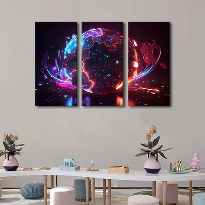 Digital World Pictures Cyber Space 3D Posters and Prints 3 Panel Framed Wall Art Neon Colorful Global World in Cyber Space Artwork for Home Wall Decoration Ready to Hang, 36" Wx24 H