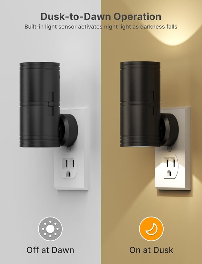 Night Light Plug into Wall, 2 Pack Dimmable LED Nightlight with Dusk to Dawn Sensor, Soft White Glow, for Hallway, Bathroom, Bedroom, Black