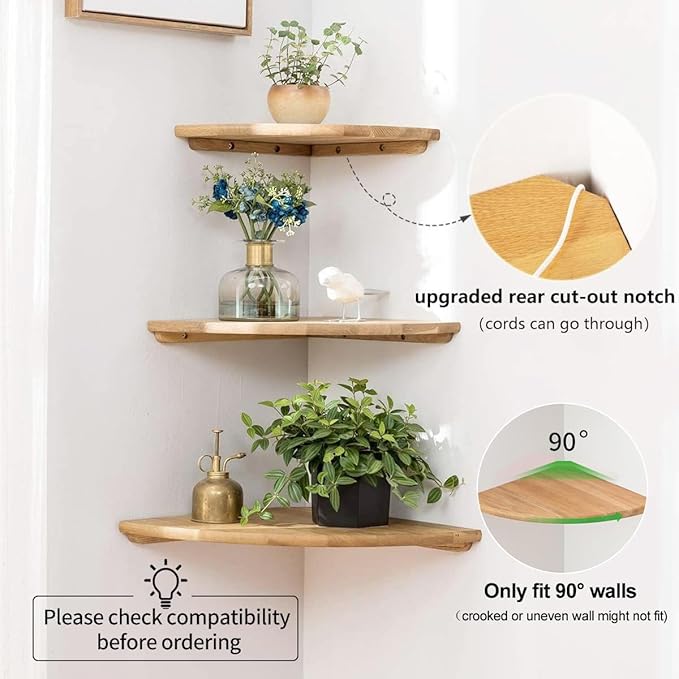 Corner Shelf, Solid Oak Wood Floating Corner Shelves Wall Mount Round End with Wire Hole for Small Plant Photo Frame for Bedroom Kitchen, Living Room