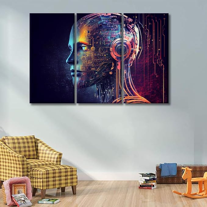 Large Canvas Wall Art AI Futuristic Technology Picture Posters for Home Wall Decor, AI Pictures Print on Canvas Wall Art for Bedroom Office Wall Decor Framed and Stretched Ready to Hang 20x40inchx3