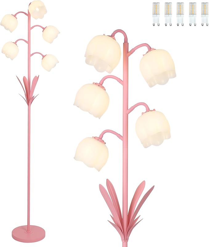 Pink Flower Floor Lamps for Living Room, Modern Floor Lamp with 5 LED Bulbs, Adjustable Standing Lamps for Bedroom Girls Room, Dresser, Kid's Room, Corner Tall Lamp Ambient Lighting for Home Decor