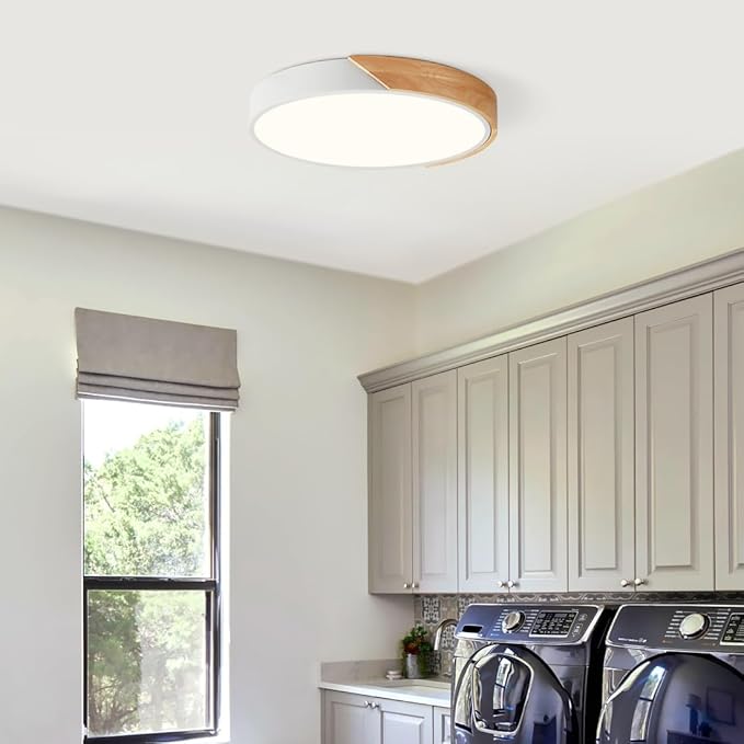 Vikaey Modern Dimmable Wood Ceiling Light, Minimalist LED 5CCT 2700K-6000K Flush Mount Ceiling Light Fixture, Round Lighting Lamp for Bedroom Living Room Dining Room Laundry, White, 15.8"