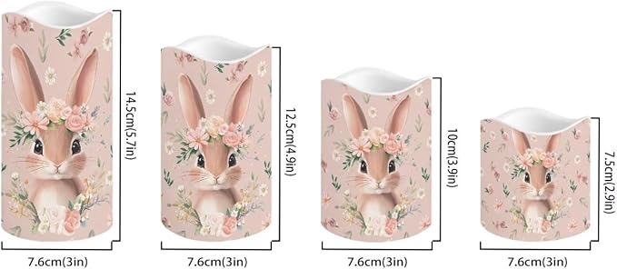 Cute Bunny Pink Floral Plastic Flameless Candles with Remote Control and Timer LED Flickering Battery Operated Color Changing Electric Pillar Candles Easter Decoration