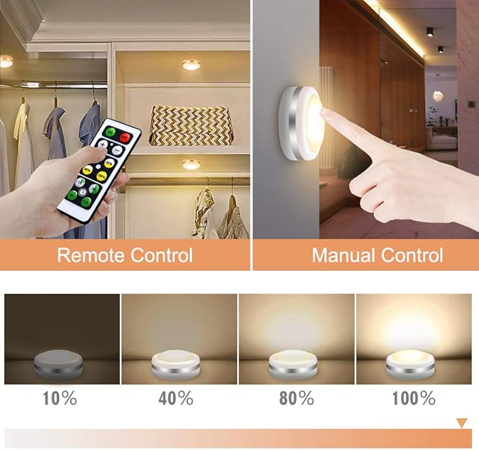 LED Puck Lights 6 Pack, Remote Control, Warm White Brightness Dimmable Battery Powered Touch Closet Cupboard Kitchen Wardrobe Lights