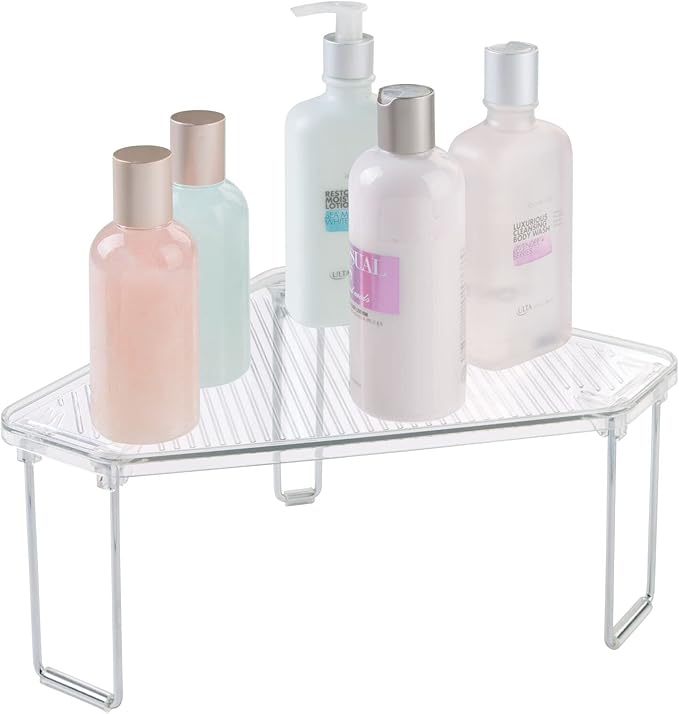 mDesign Plastic/Steel Corner Stackable Rack, Storage Organizer Shelf for Bathroom, Vanity, Countertop, Sink, Cabinet, Holds Makeup, Shower Accessories, Ligne Collection - 2 Pack - Clear