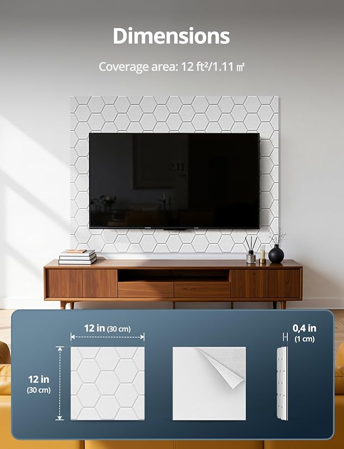 Kuchoow Mass Loaded Vinyl Soundproof Foam Wall Panels for Noise Reducing and Absorbing, Hexagon White 12 Pack 12" x 12" x 0.4” Acoustic Panel for Studio Room, Decorative Tiles for Ceiling, Door