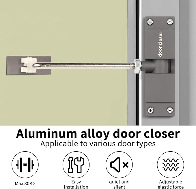 Automatic Door Closer - Zinc Alloy Safety Spring Door Closer, Adjustable Spring Tension, 150 lb Capacity, Silent Operation, Easy to Install