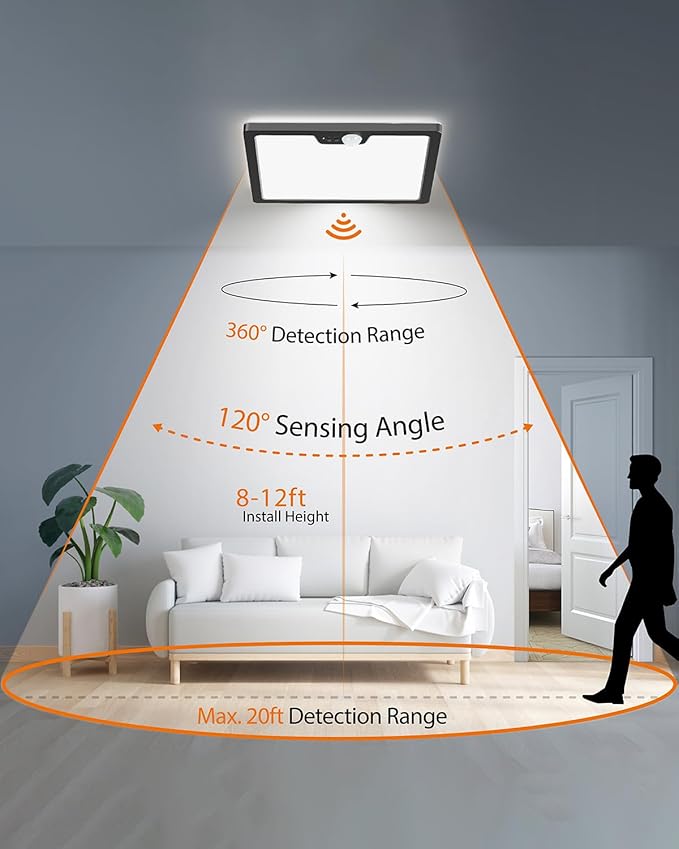 12in Motion Sensor Ceiling Light Wired, 3000K 4000K 5000K Selectable, 24W Flush Mount Square Motion Ceiling Light with 3 Timer for Closet Porch Stairs Hallway, Black