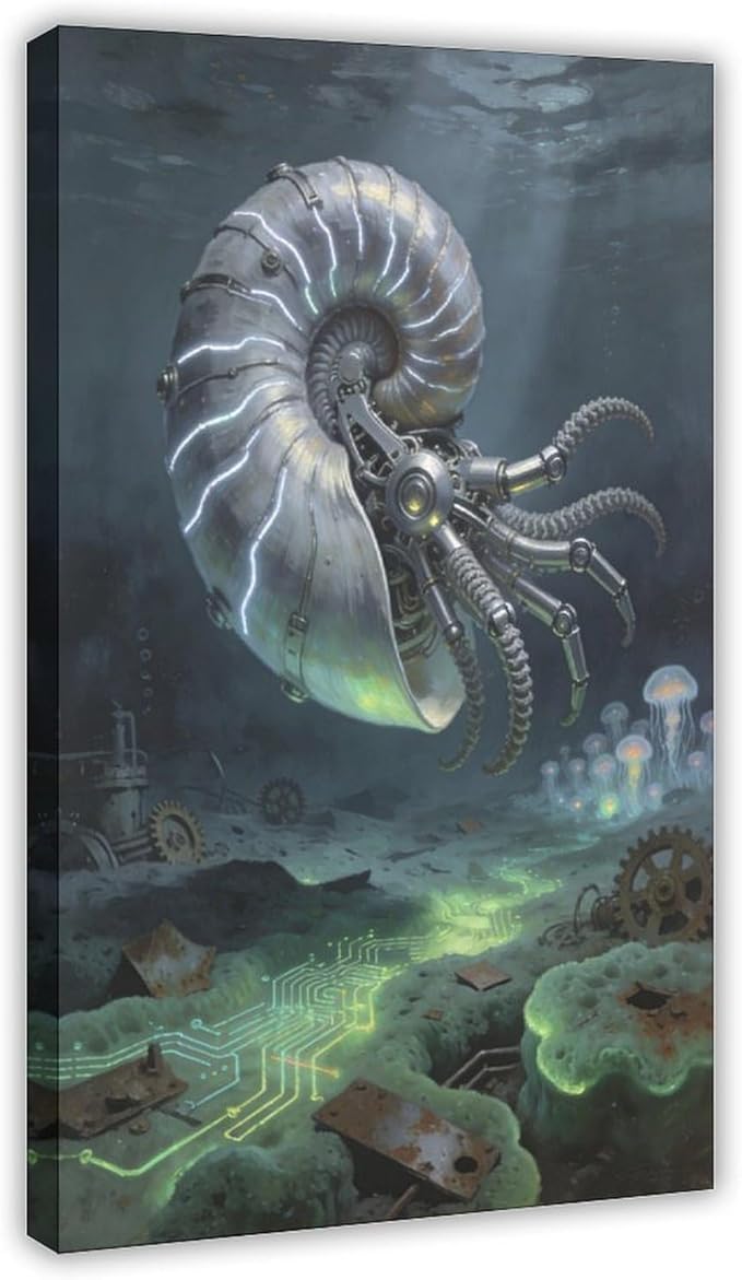Framed Steampunk Mechanical Nautilus Wall Art - Underwater Industrial Poster for Man Cave Studio Decor 08x12inch(20x30cm)
