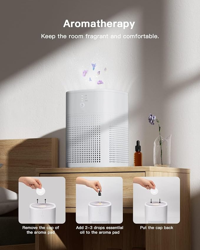 Air Purifiers for Bedroom, Room Air Purifier HEPA Filter for Smoke, Allergies, Pet Dander Odor with Fragrance Sponge, Small Air Purifier with Sleep Mode, HY1800, White