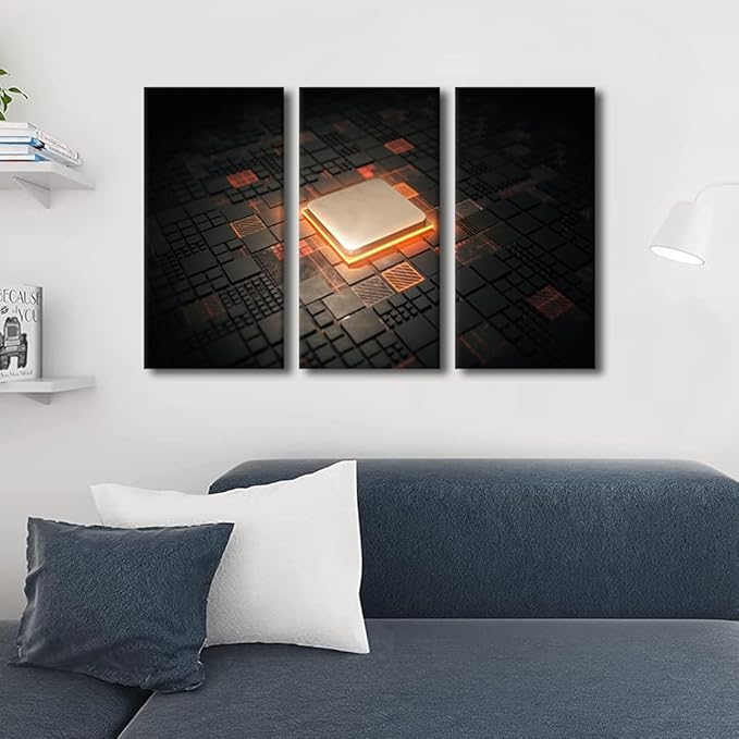 3 Piece Wall Art Computer Processors CPU Motherboard Digital Chip Poster Canvas Wall Art Artwork Wall Decor Living Room Chip Pictures Wall Decor for Bedroom Prints Framed Ready to Hang (24"Wx36"H)
