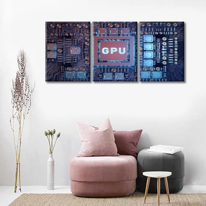 Modern GPU Card Canvas Paintings Office Decor Circuit Board Wall Decor 3 Pieces Wall Decor for Bedroom, Living Room.Giclee Wooden Framed Gallery-Wrapped Ready to Hang (36" Wx16 H)