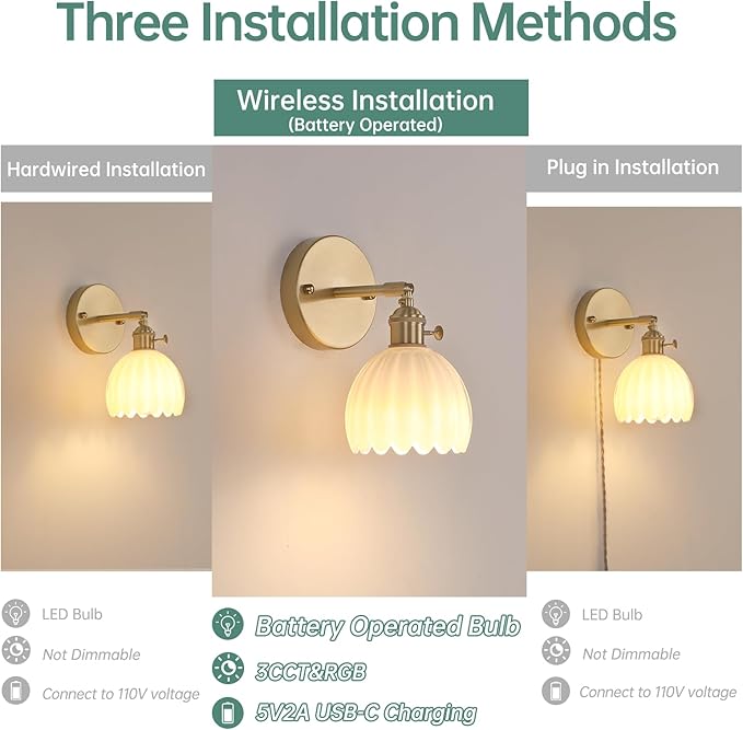 Vintage Battery Operated Wall Sconce with White Tulip Glass Lampshade Rechargeable Battery Powered Wall Light with Remote Control for Bedside Bedroom Doorway