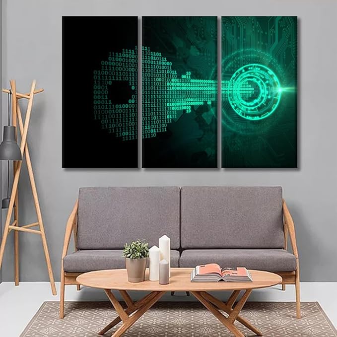 LSIUHWUWI 3 Panel Wall Art Cyber Security Concept Key Made from Binary Code Fits Iinto A Lock Picture Print on Canvas Wall Art for Living Room Decoration, Framed Ready to Hang, 20x40inchx3