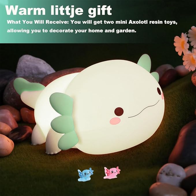 Cute Axolotl Night Light for Kids Bedroom, Animal Silicone Nursery Night Lamp Touch Control Nightlights USB Rechargeable Bedside Lamp for Baby Children Toddlers Girls Gift (Green Axolotl)