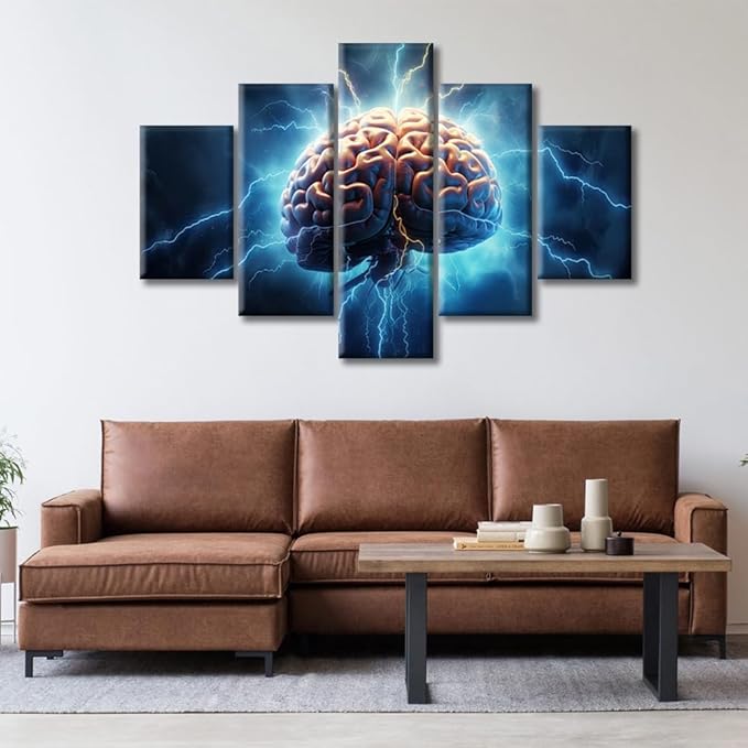 5 Pieces Canvas Prints Brainstorming Concept Wall Art Modern Home Decor Brain Power Lightning Poster Living Room Bedroom Decoration Artwork Painting Framed Ready to Hang, (60"Wx40"H)