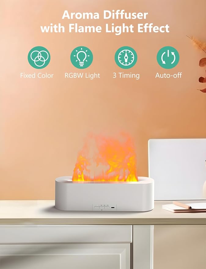 Flame Air Diffuser, Humidifier, Essential Oil Diffuser - 7 Colors, 180mL Capacity (8 Hours), Noiseless Operation, Auto-Off Protection - Perfect for Home Bedroom Office Gifts(Ivory)