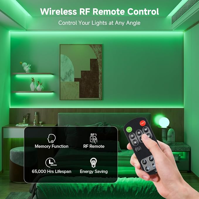 BTF-LIGHTING COB LED Strip Light 24V 16.4FT UL Listed, Green Color Dimmable High Density Flexible Tape Light with RF Remote & ETL Power Adapter, Ultra Bright for Bedroom Kitchen Home Indoor Lighting