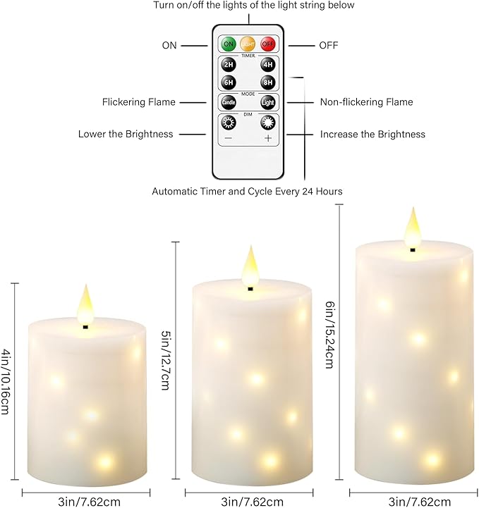 Flameless Candles with Embedded Star String, Real Wax Battery Operated Candles with Remote Timer, Flickering Pillar LED Candle Set for Home Decor Romantic Ambiance （White）